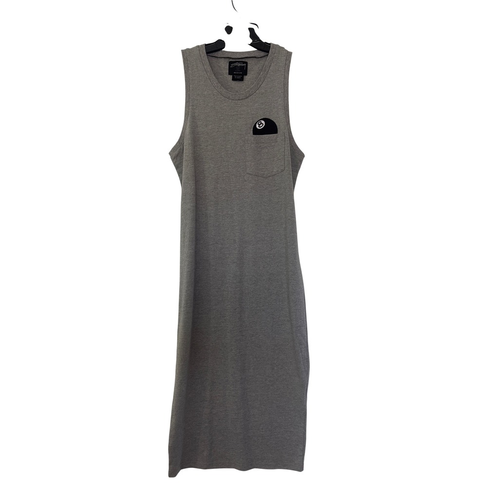 Stussy 8 Ball Pocket Tank Dress Heather Grey Sleeveless Midi Streetwear Medium